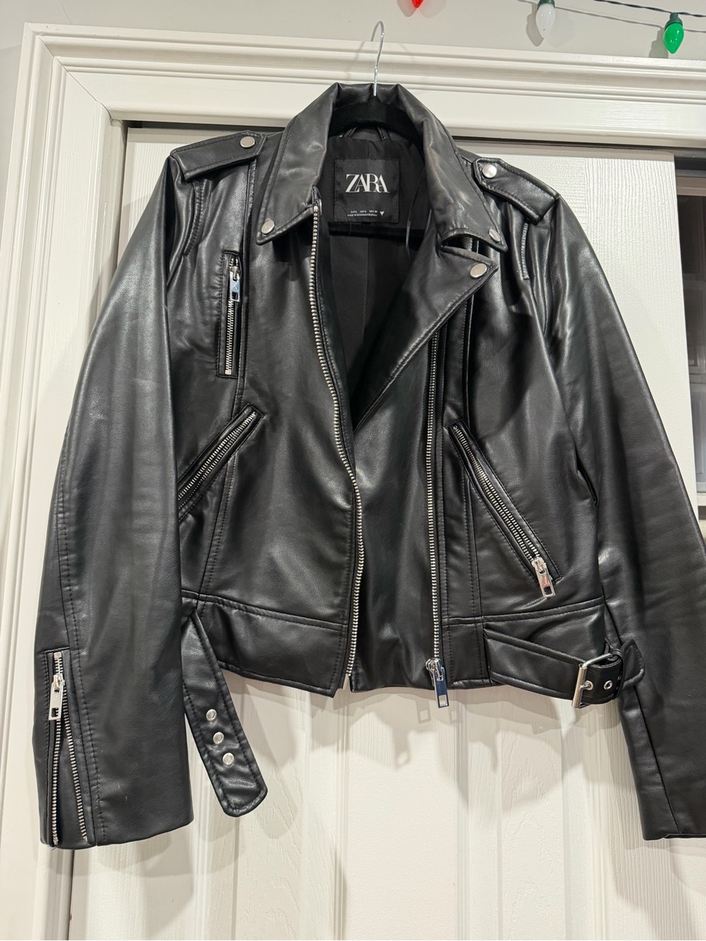ZARA Black Leather Moto Jacket with Silver Hardware